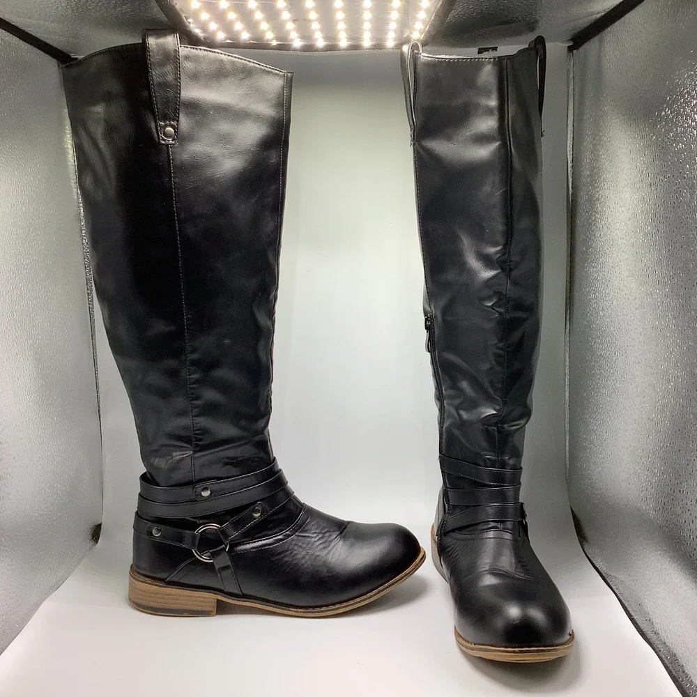 Women's Harness Pull Tabs Riding Boots Black Knee High 8.5